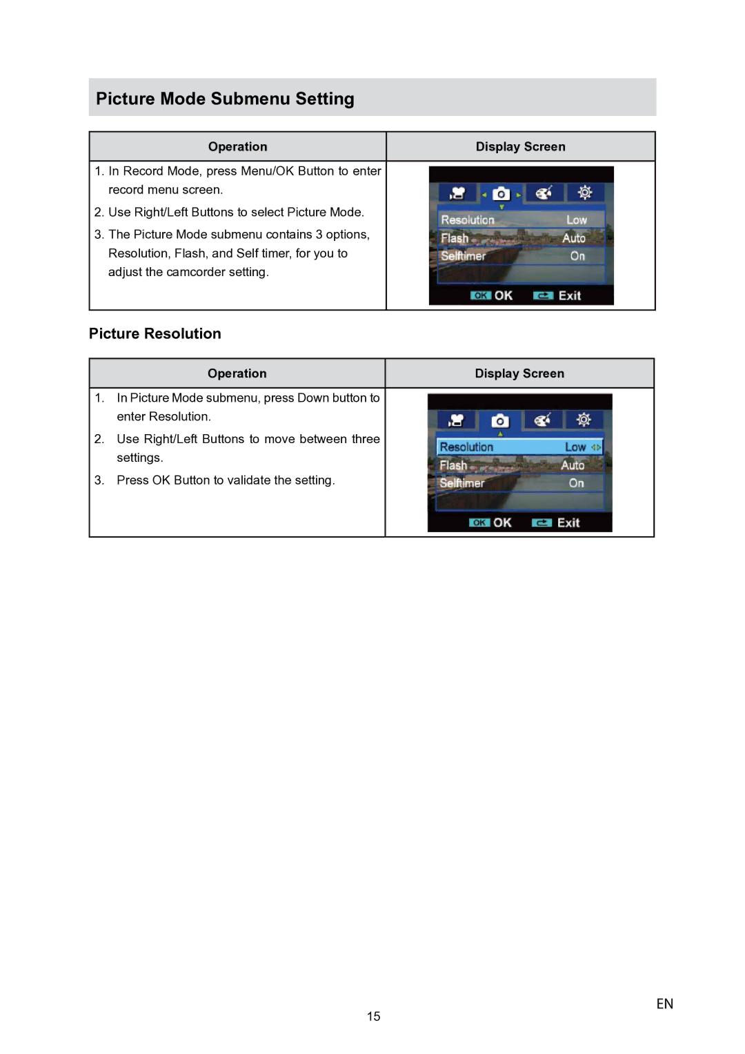 Toshiba P10 user manual Picture Mode Submenu Setting, Picture Resolution 