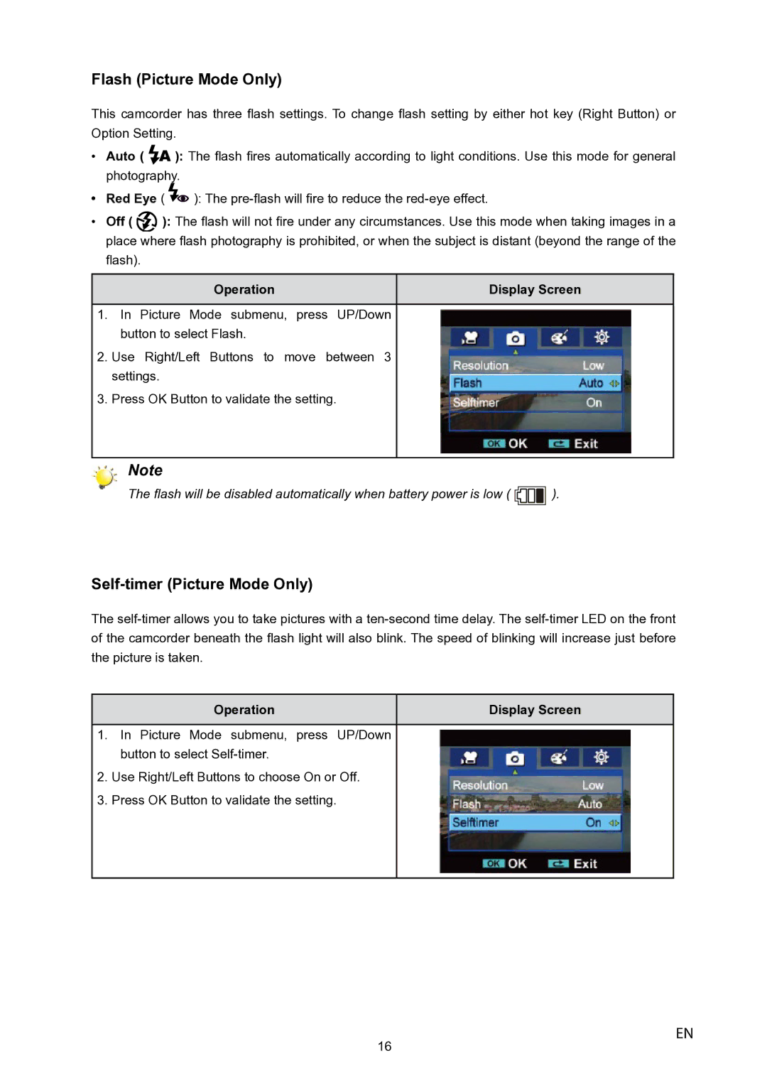 Toshiba P10 user manual Flash Picture Mode Only, Self-timer Picture Mode Only 