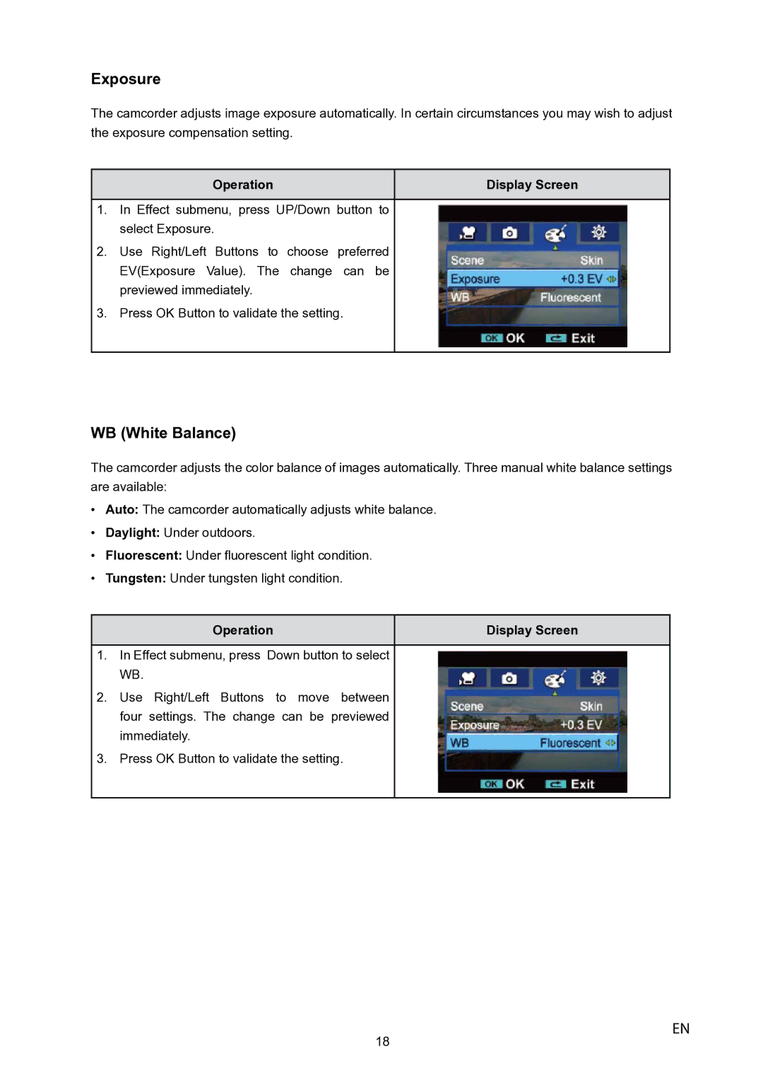 Toshiba P10 user manual Exposure, WB White Balance 