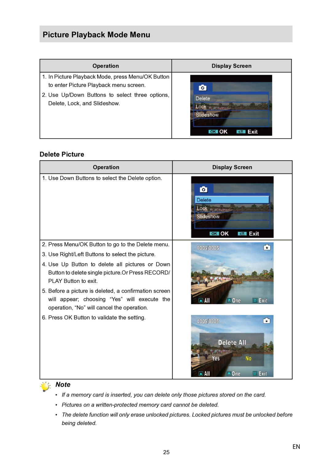 Toshiba P10 user manual Picture Playback Mode Menu, Delete Picture 