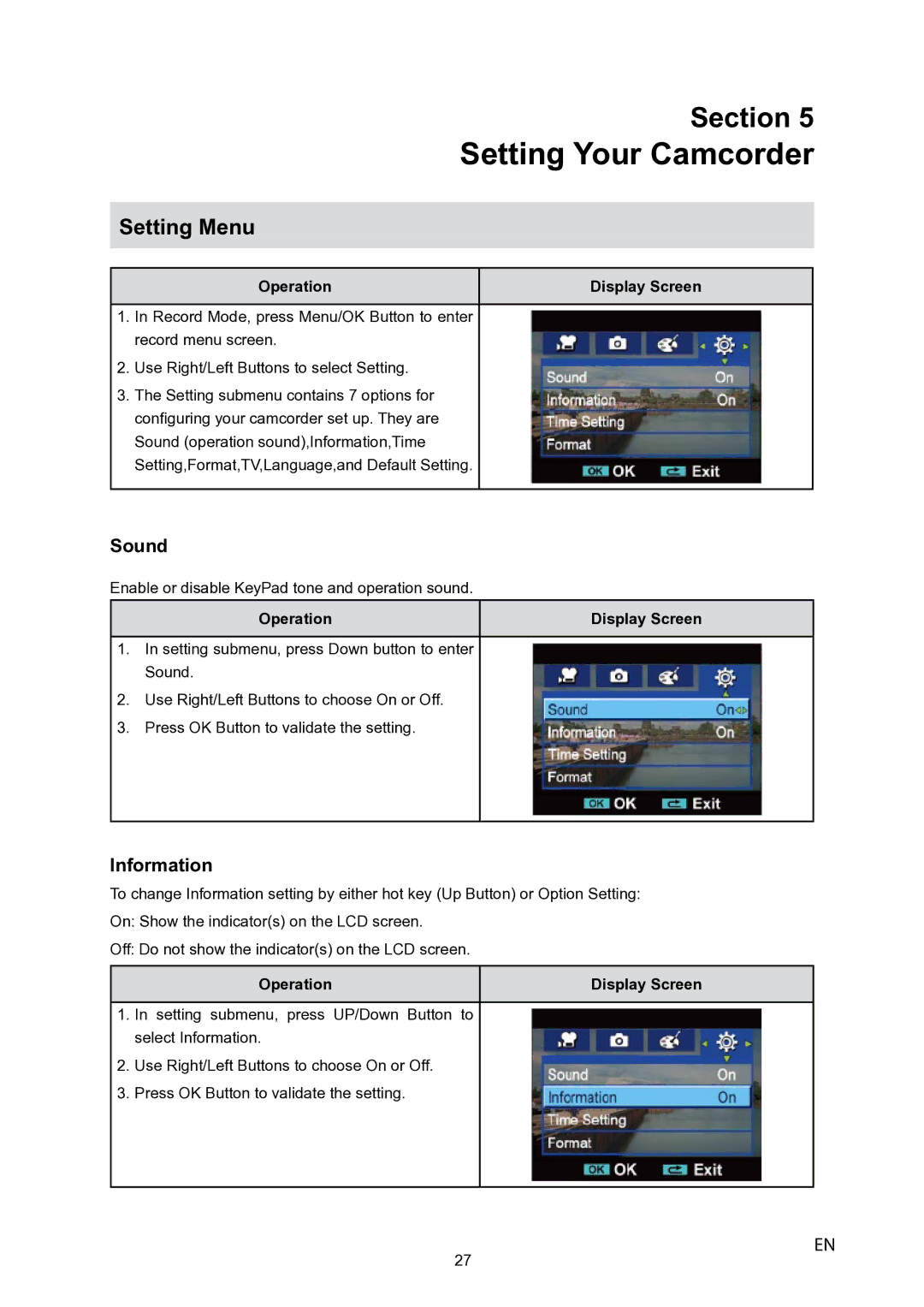 Toshiba P10 user manual Setting Your Camcorder, Sound, Information 