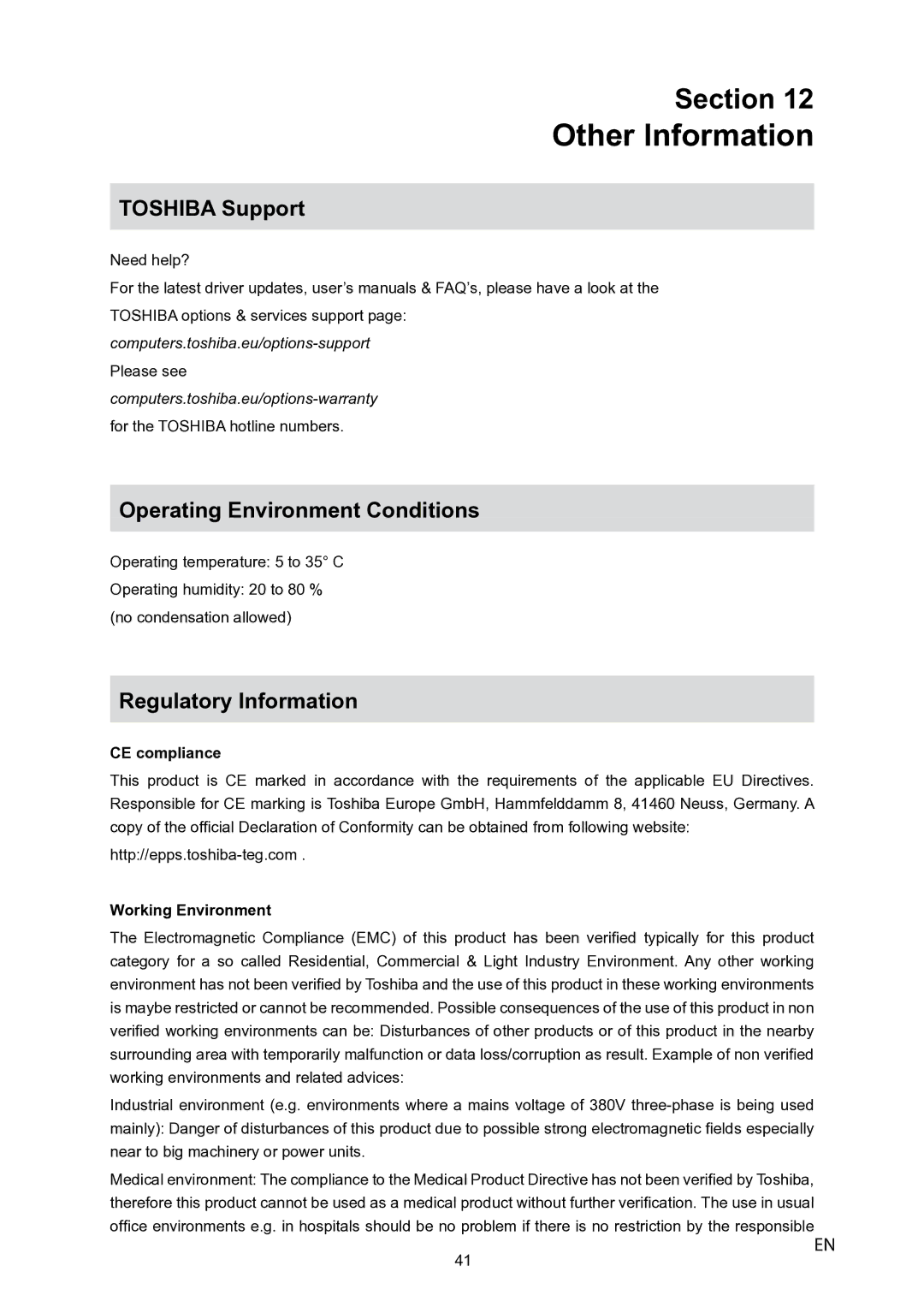 Toshiba P10 user manual Other Information, CE compliance 