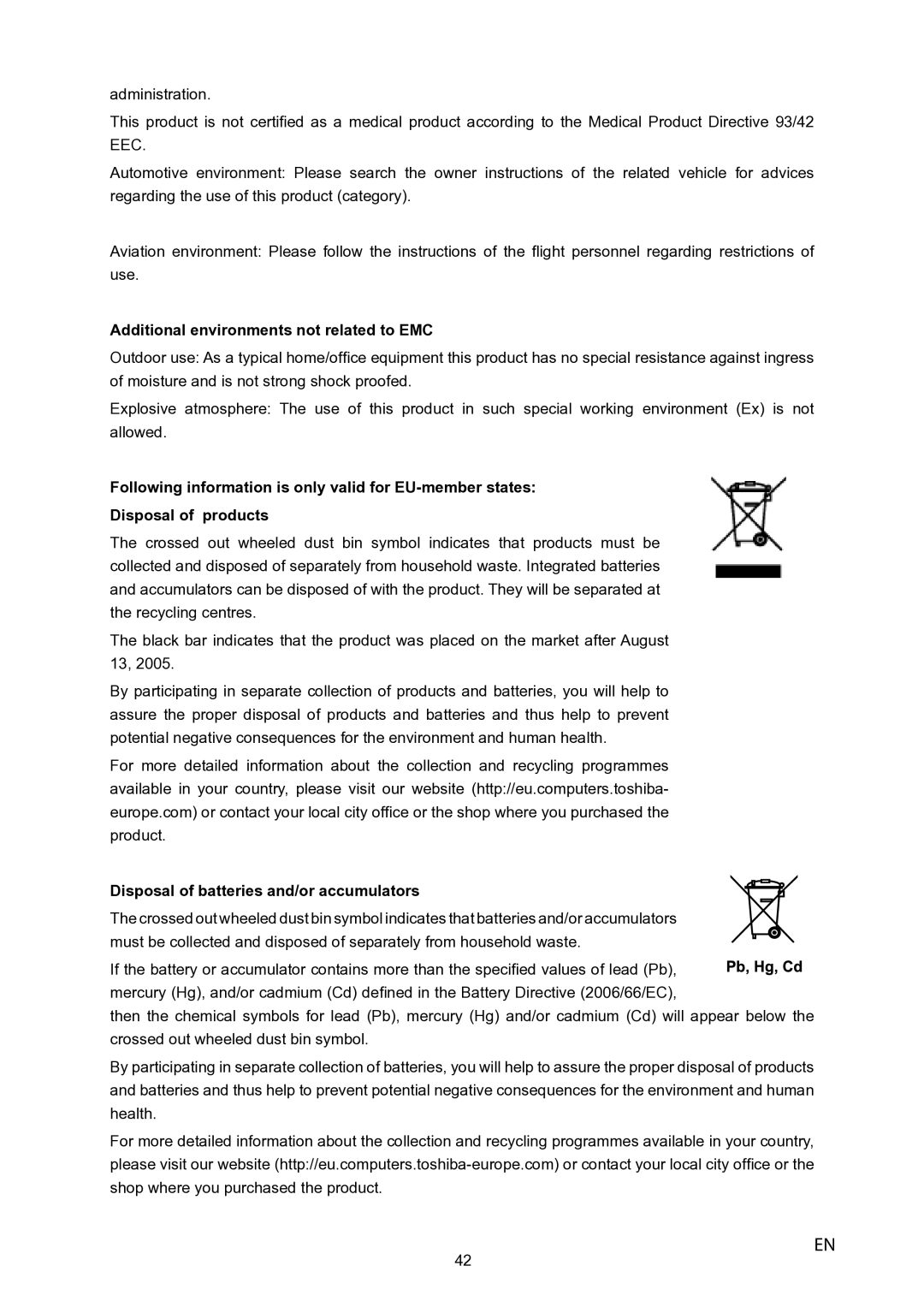 Toshiba P10 user manual Additional environments not related to EMC 