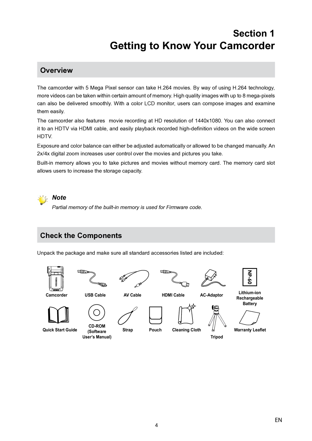 Toshiba P10 user manual Getting to Know Your Camcorder, Check the Components 