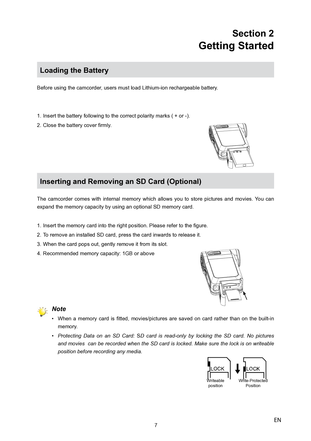 Toshiba P10 user manual Getting Started, Loading the Battery, Inserting and Removing an SD Card Optional 