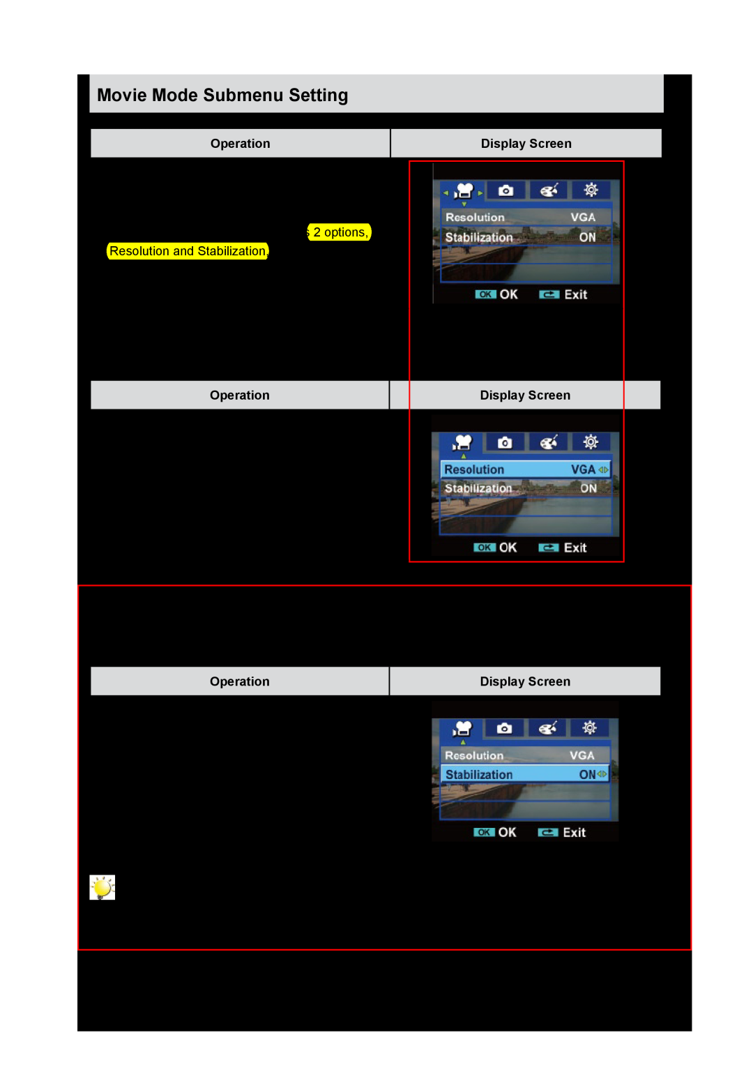 Toshiba P10 user manual Movie Resolution, Stabilization, Operation, Display Screen 