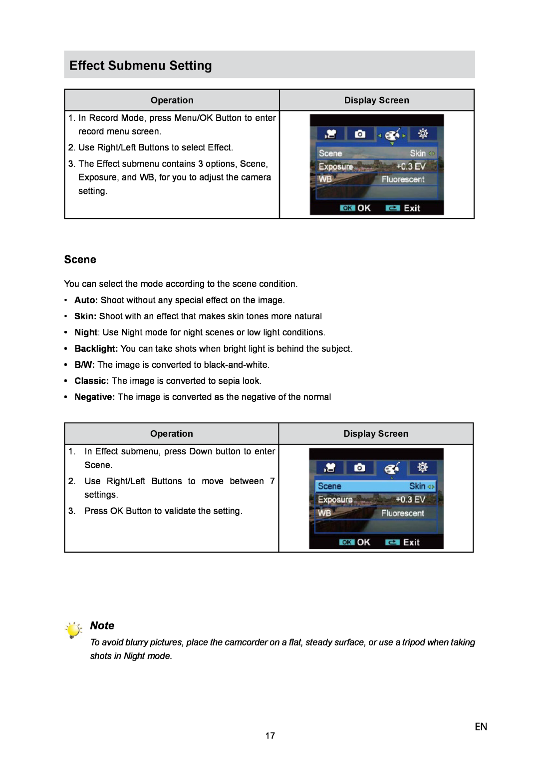 Toshiba P10 user manual Scene, Operation, Display Screen 