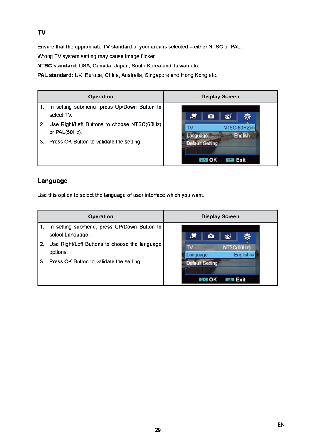 Toshiba P10 user manual Language, Operation, Display Screen 