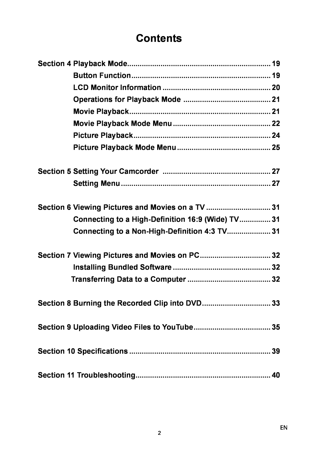 Toshiba P10 user manual Contents, Setting Your Camcorder 