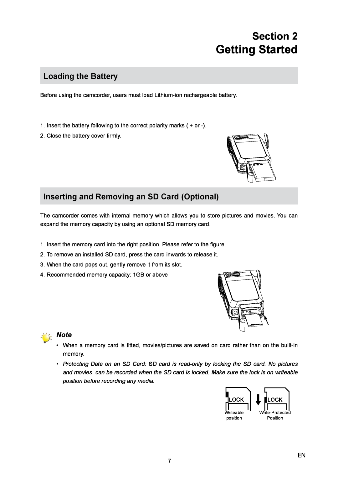 Toshiba P10 user manual Getting Started, Section, Loading the Battery, Inserting and Removing an SD Card Optional 