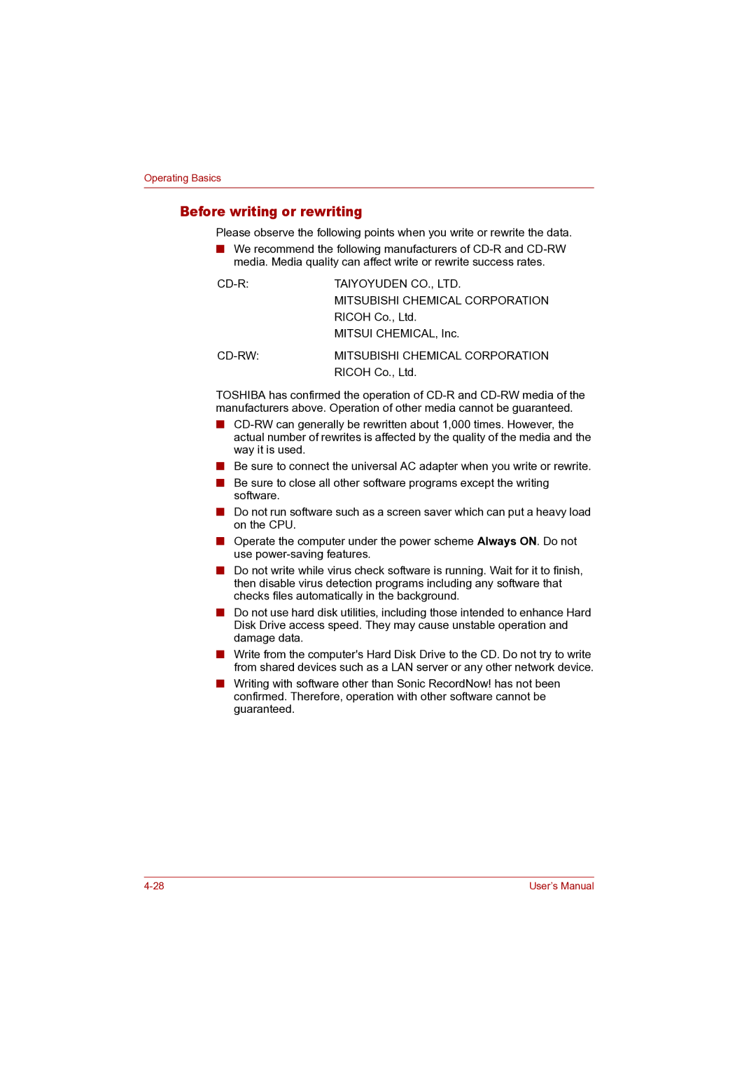 Toshiba P100 user manual Before writing or rewriting, CD-RW Mitsubishi Chemical Corporation 