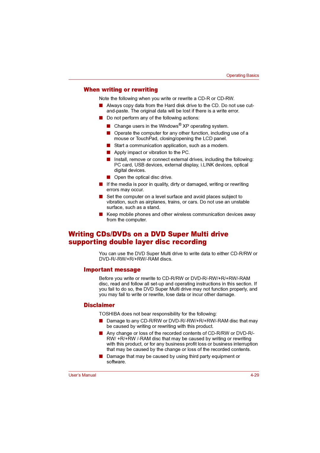 Toshiba P100 user manual When writing or rewriting 