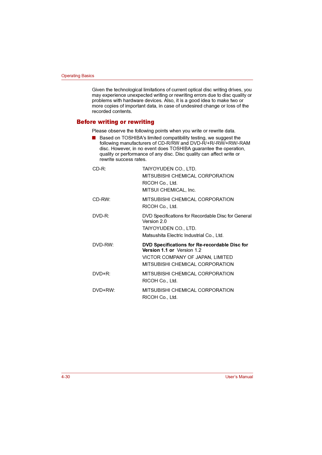 Toshiba P100 user manual DVD Specifications for Re-recordable Disc for, Version 1.1 or Version 