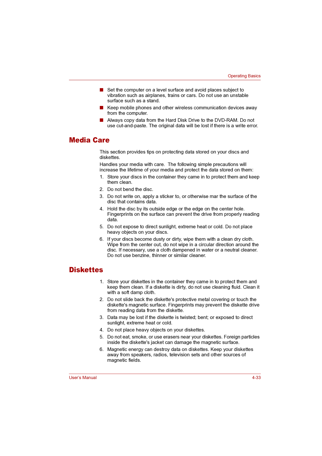 Toshiba P100 user manual Media Care, Diskettes 