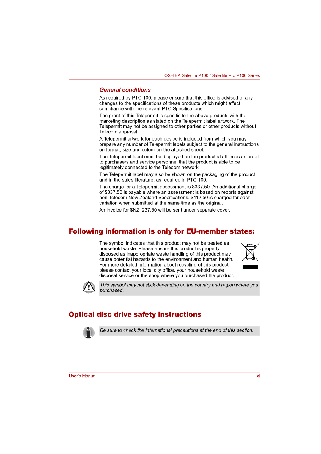 Toshiba P100 user manual Optical disc drive safety instructions, General conditions 