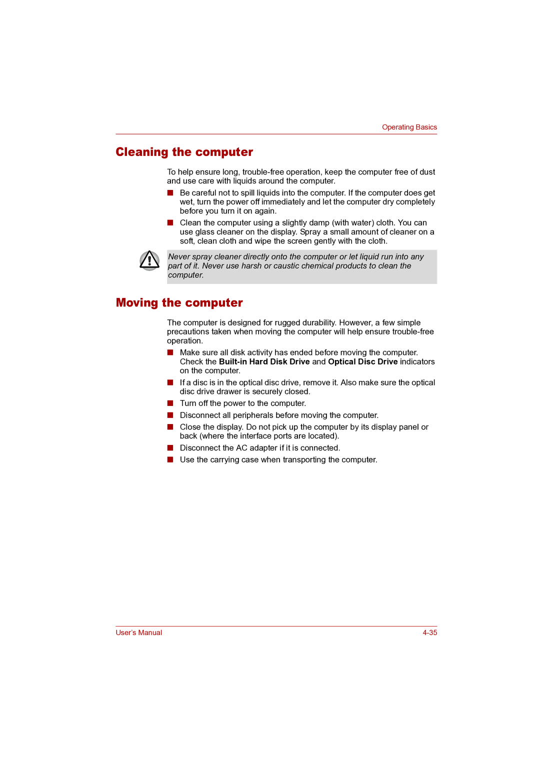 Toshiba P100 user manual Cleaning the computer, Moving the computer 