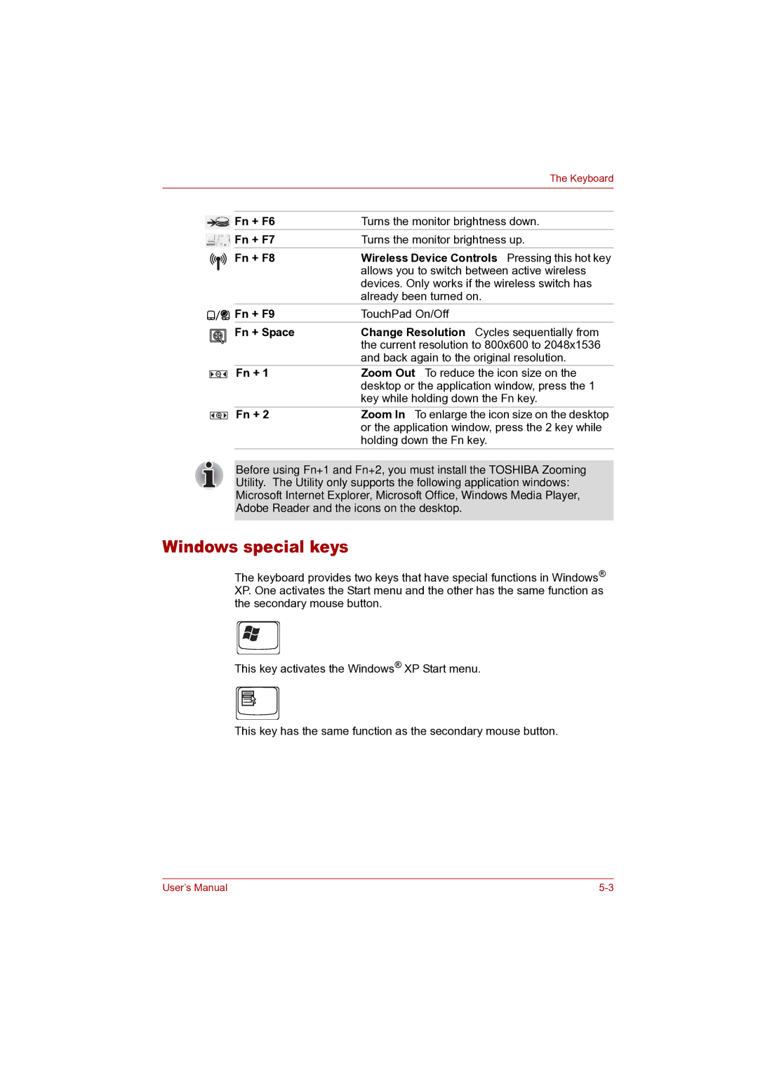 Toshiba P100 user manual Windows special keys 