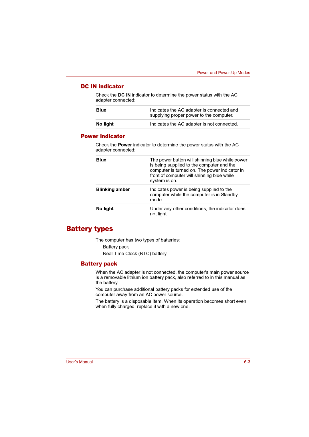 Toshiba P100 user manual Battery types, DC in indicator, Power indicator, Battery pack, Blinking amber 