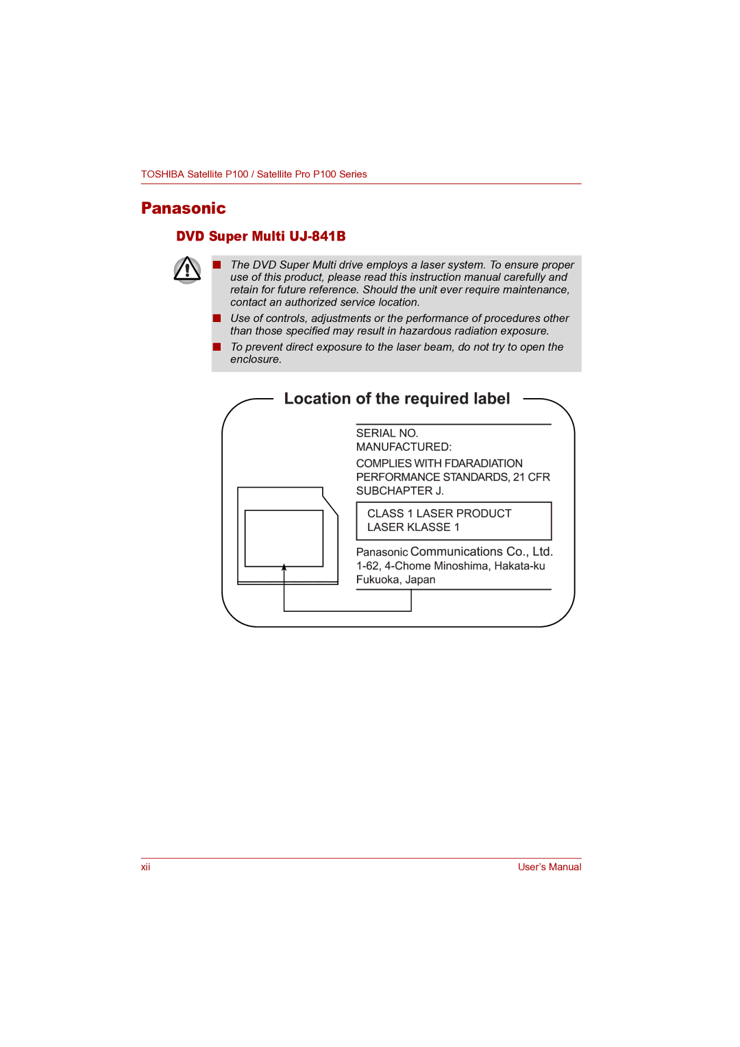 Toshiba P100 user manual Panasonic, DVD Super Multi UJ-841B 