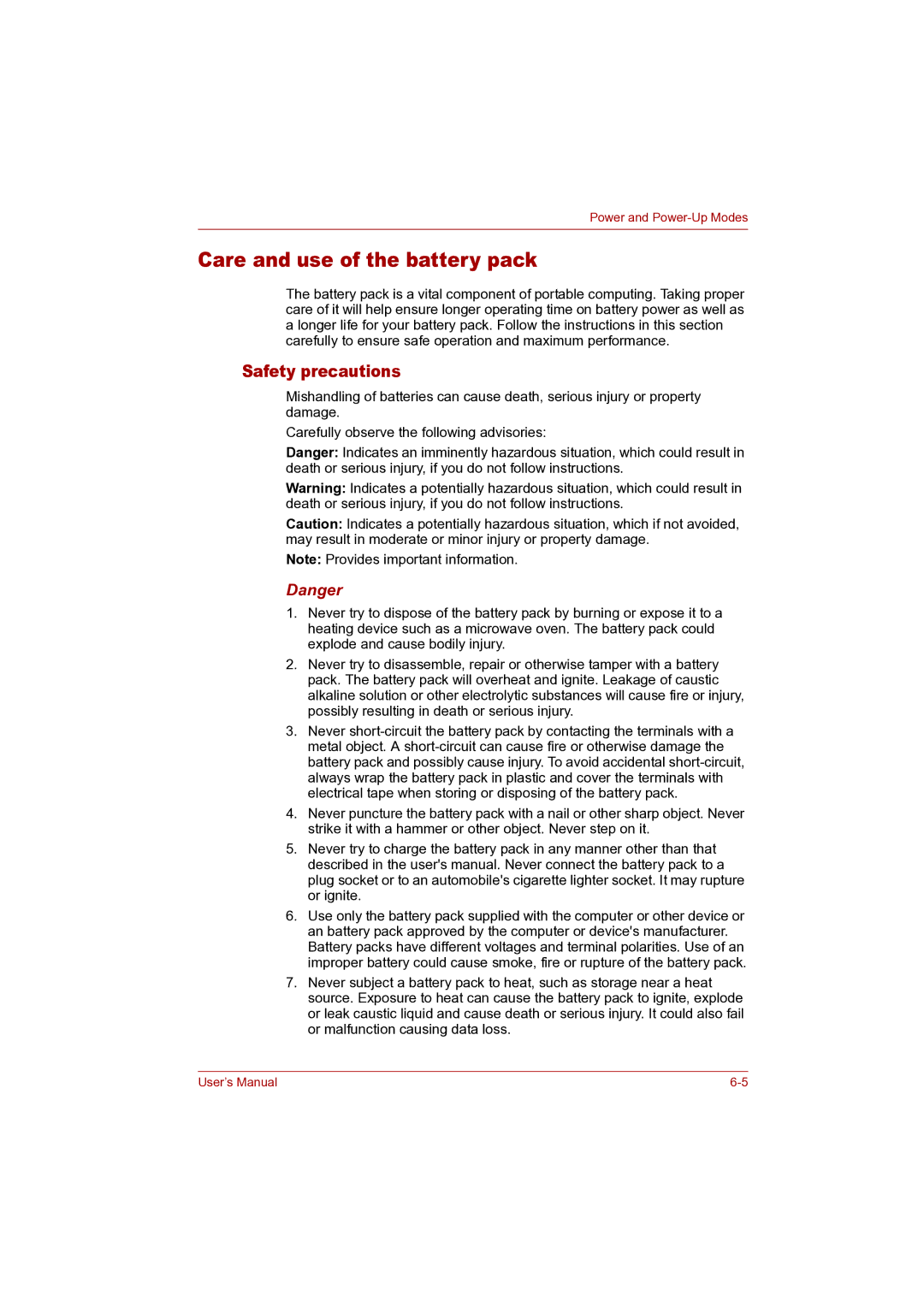 Toshiba P100 user manual Care and use of the battery pack, Safety precautions 