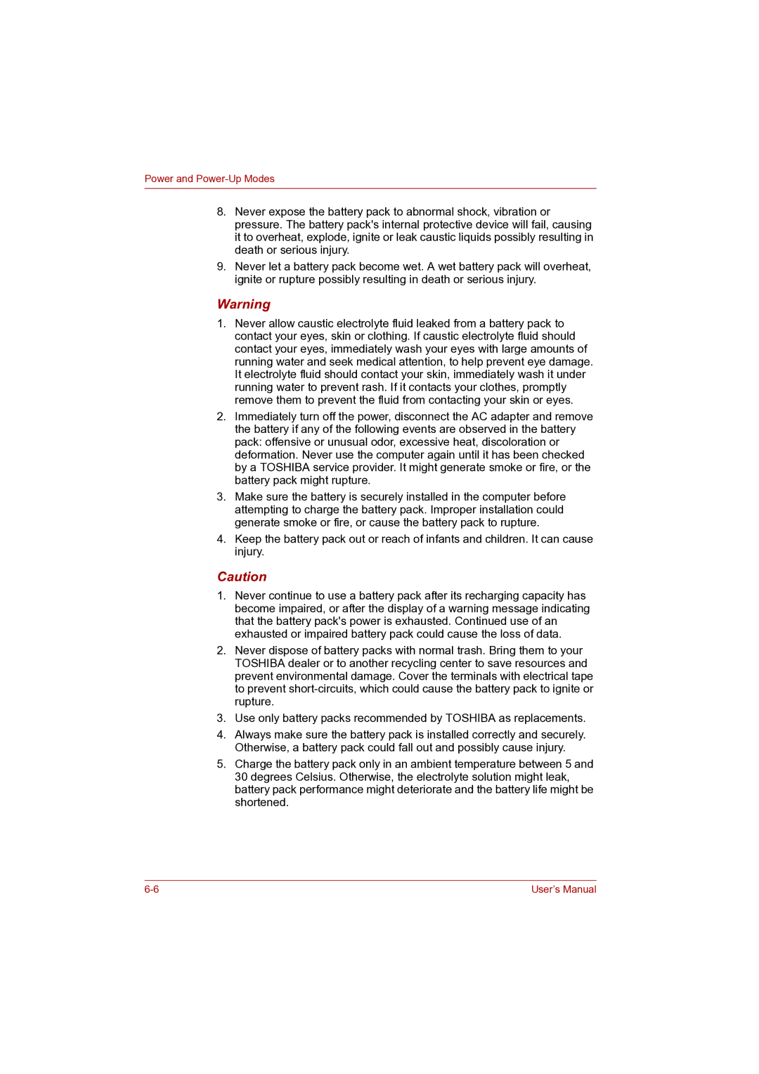 Toshiba P100 user manual Power and Power-Up Modes 