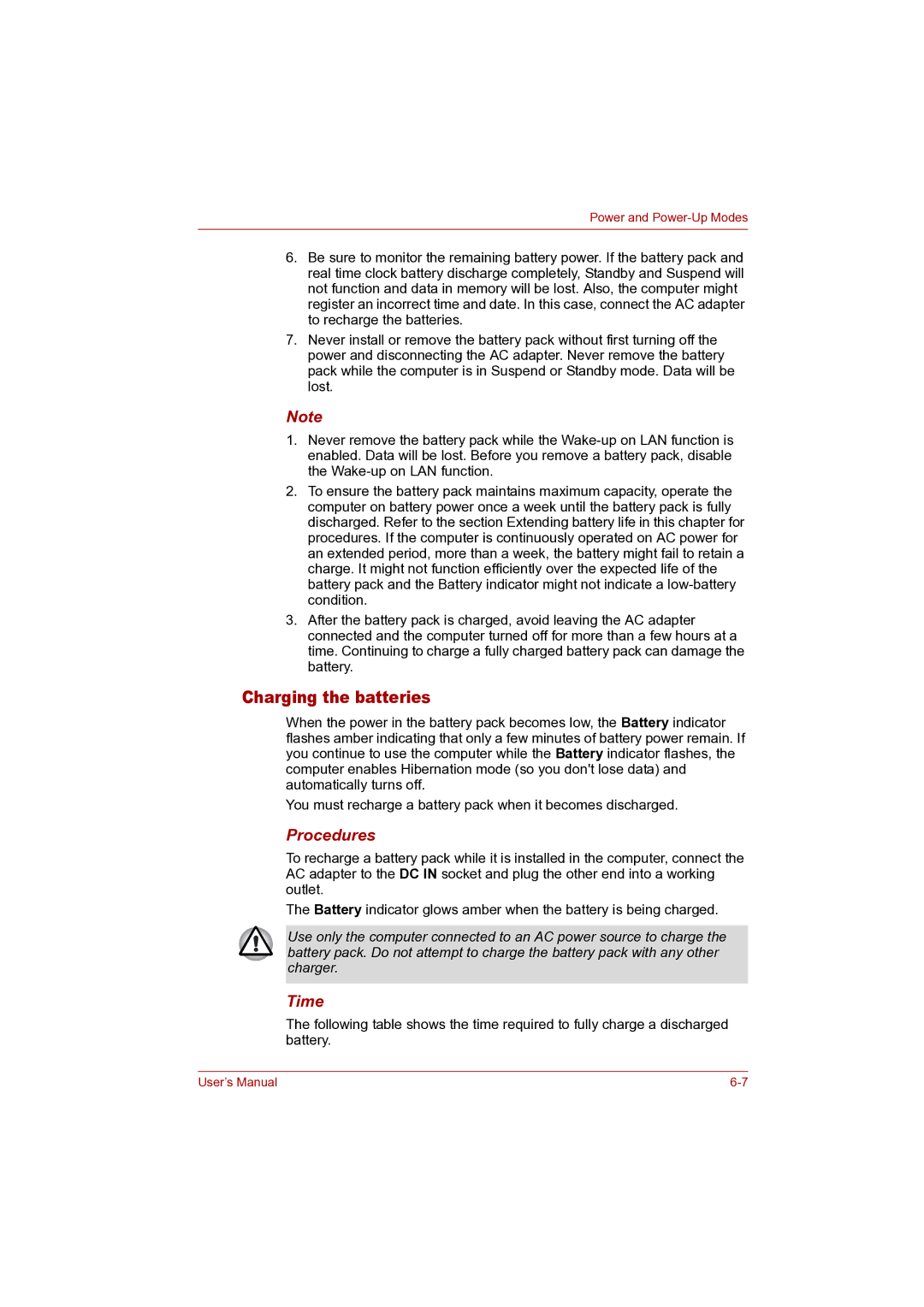 Toshiba P100 user manual Charging the batteries, Procedures, Time 