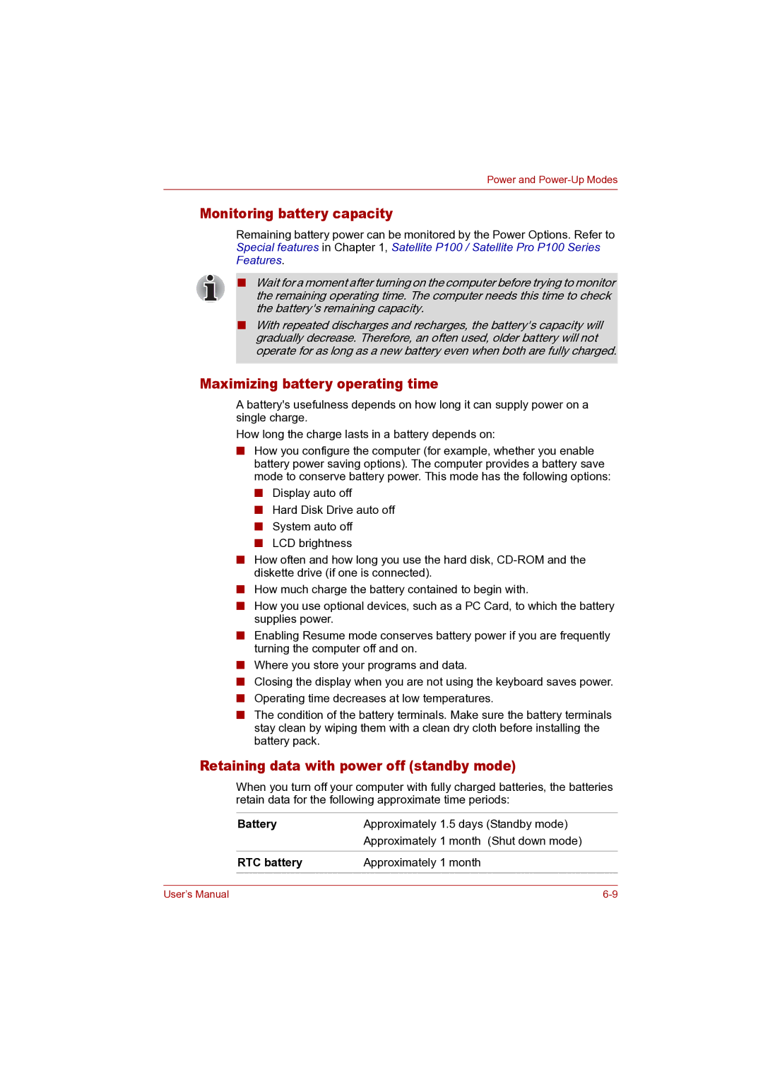 Toshiba P100 Monitoring battery capacity, Maximizing battery operating time, Retaining data with power off standby mode 