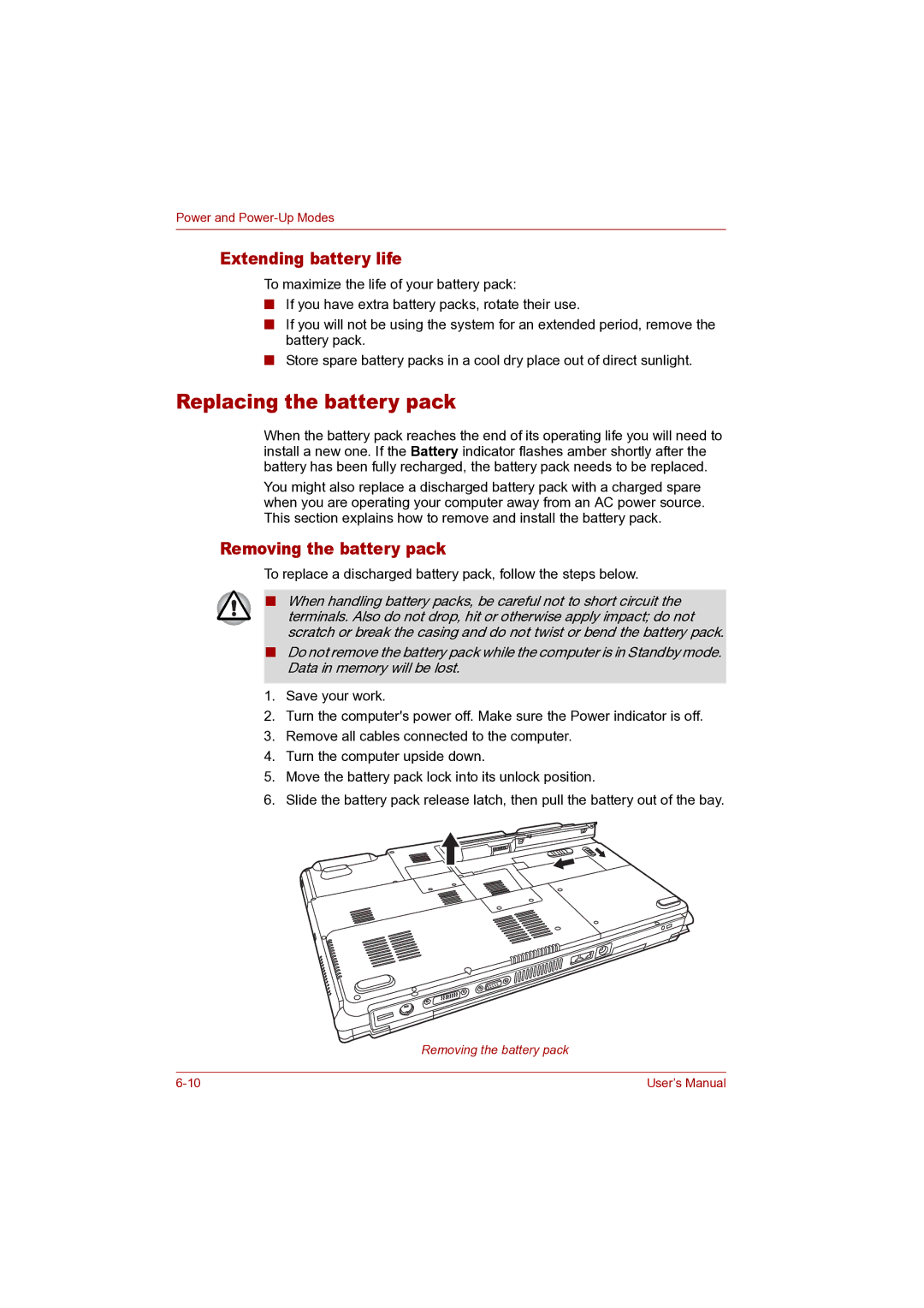 Toshiba P100 user manual Replacing the battery pack, Extending battery life, Removing the battery pack 