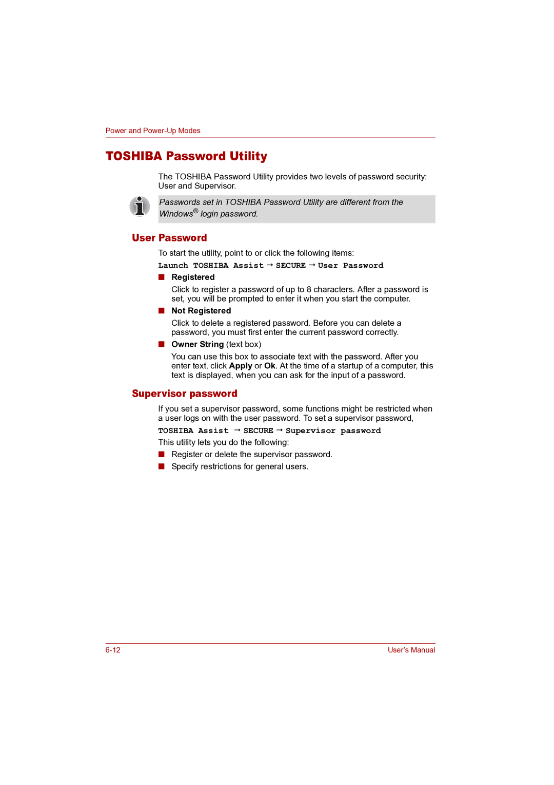 Toshiba P100 user manual Toshiba Password Utility, User Password, Supervisor password 