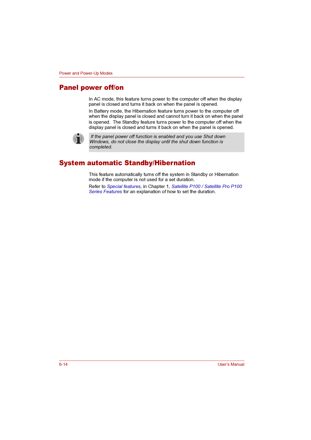 Toshiba P100 user manual Panel power off/on, System automatic Standby/Hibernation 