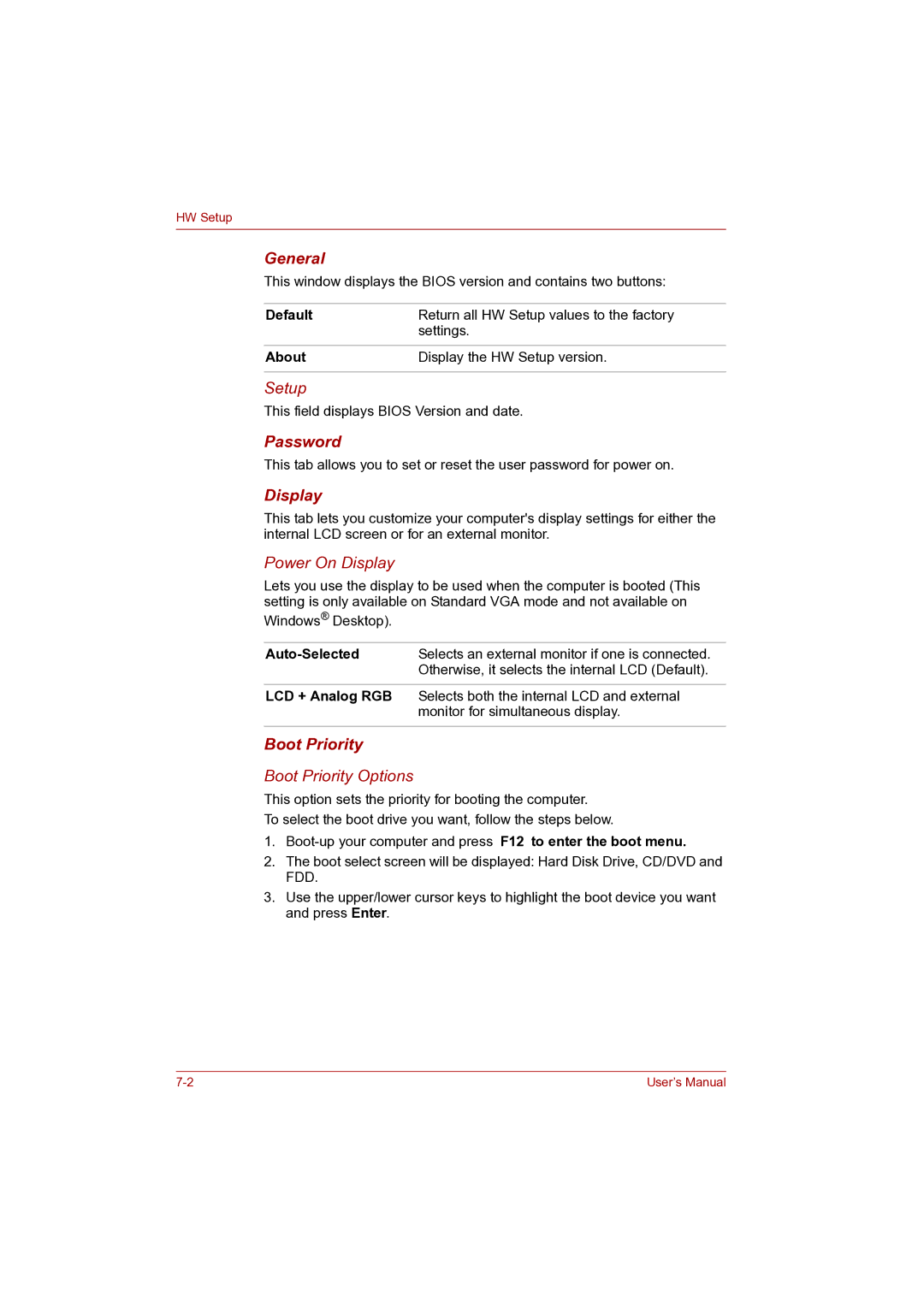 Toshiba P100 user manual Password, Boot Priority 