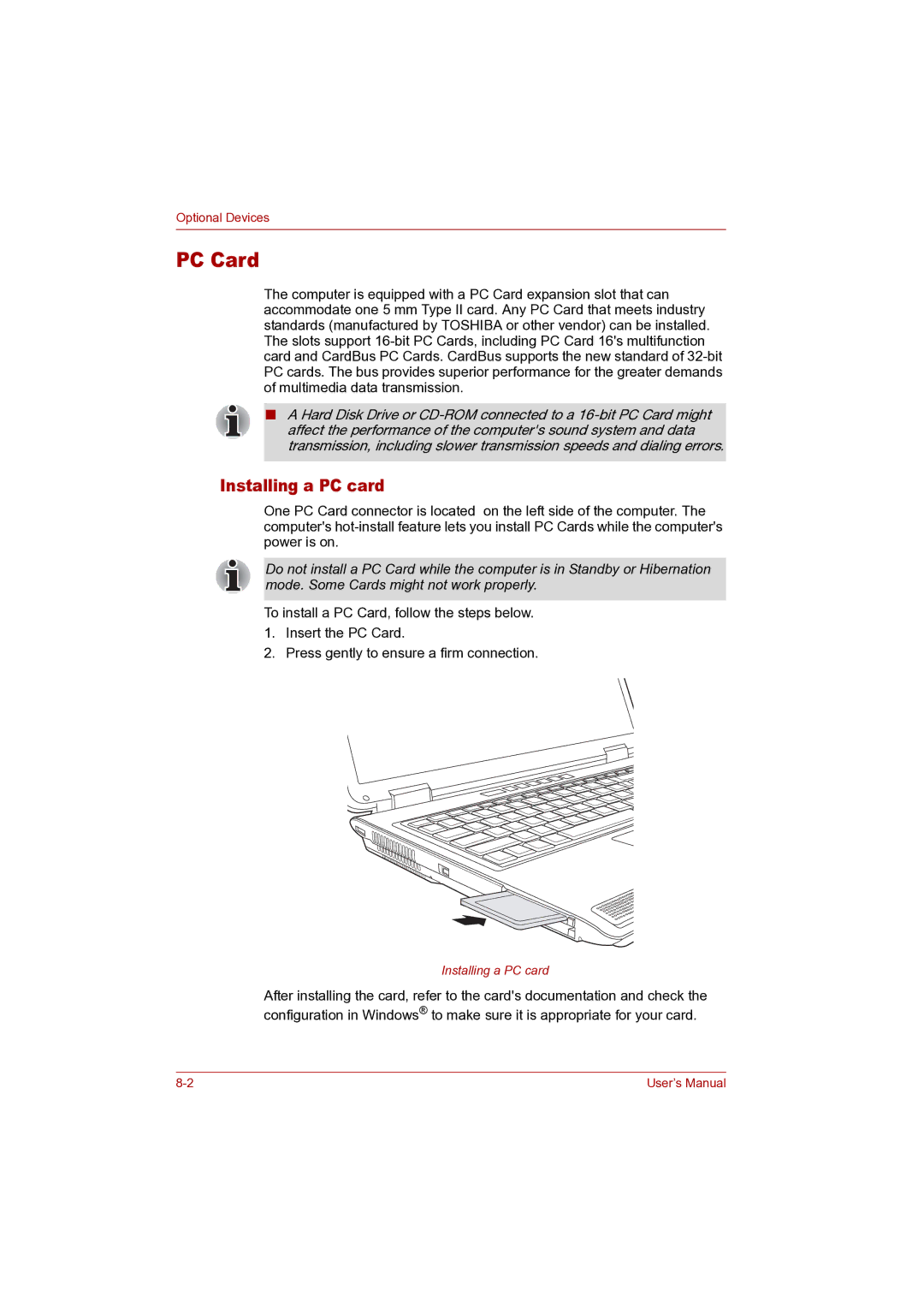 Toshiba P100 user manual PC Card, Installing a PC card 