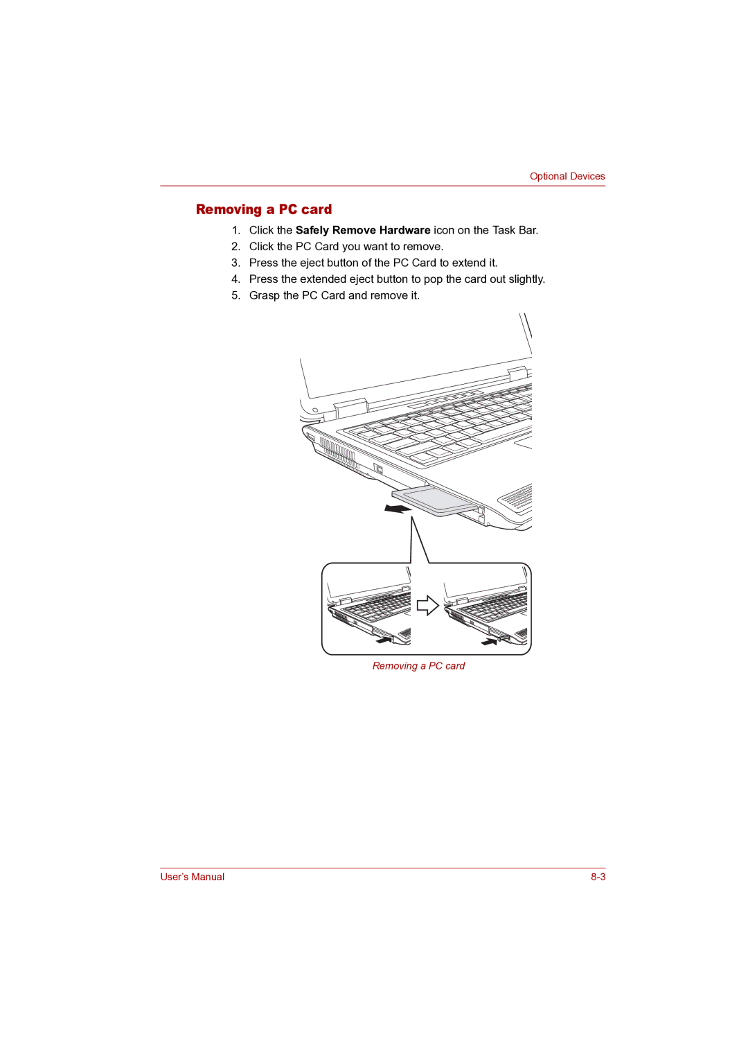 Toshiba P100 user manual Removing a PC card 