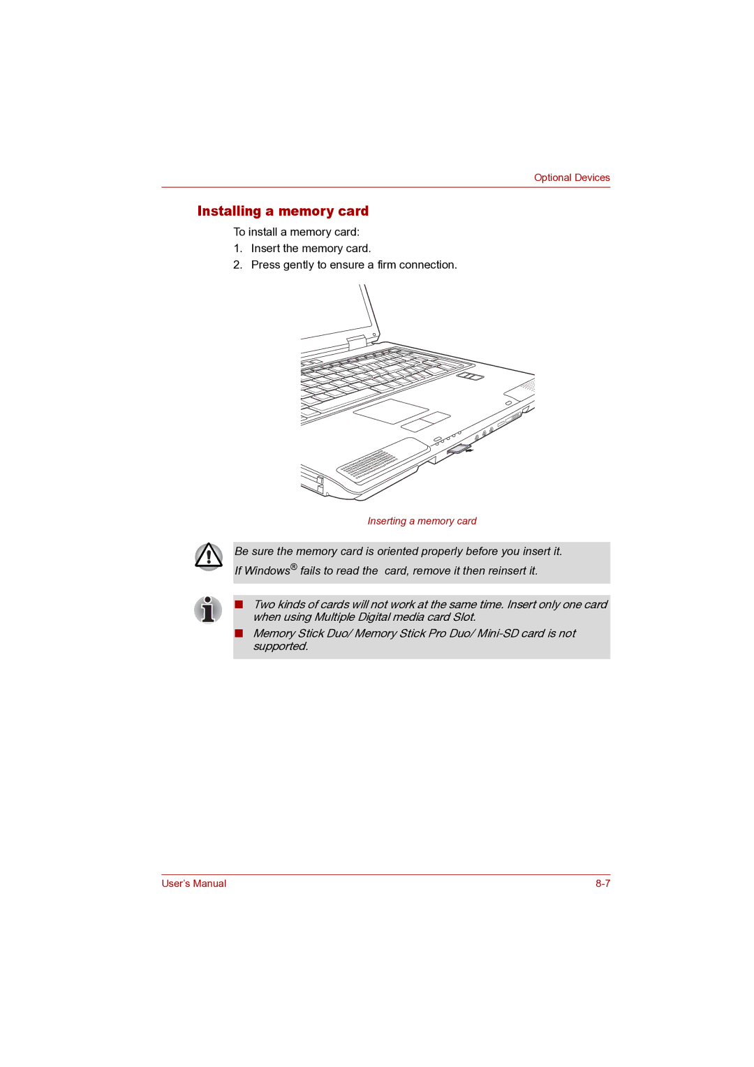 Toshiba P100 user manual Installing a memory card 