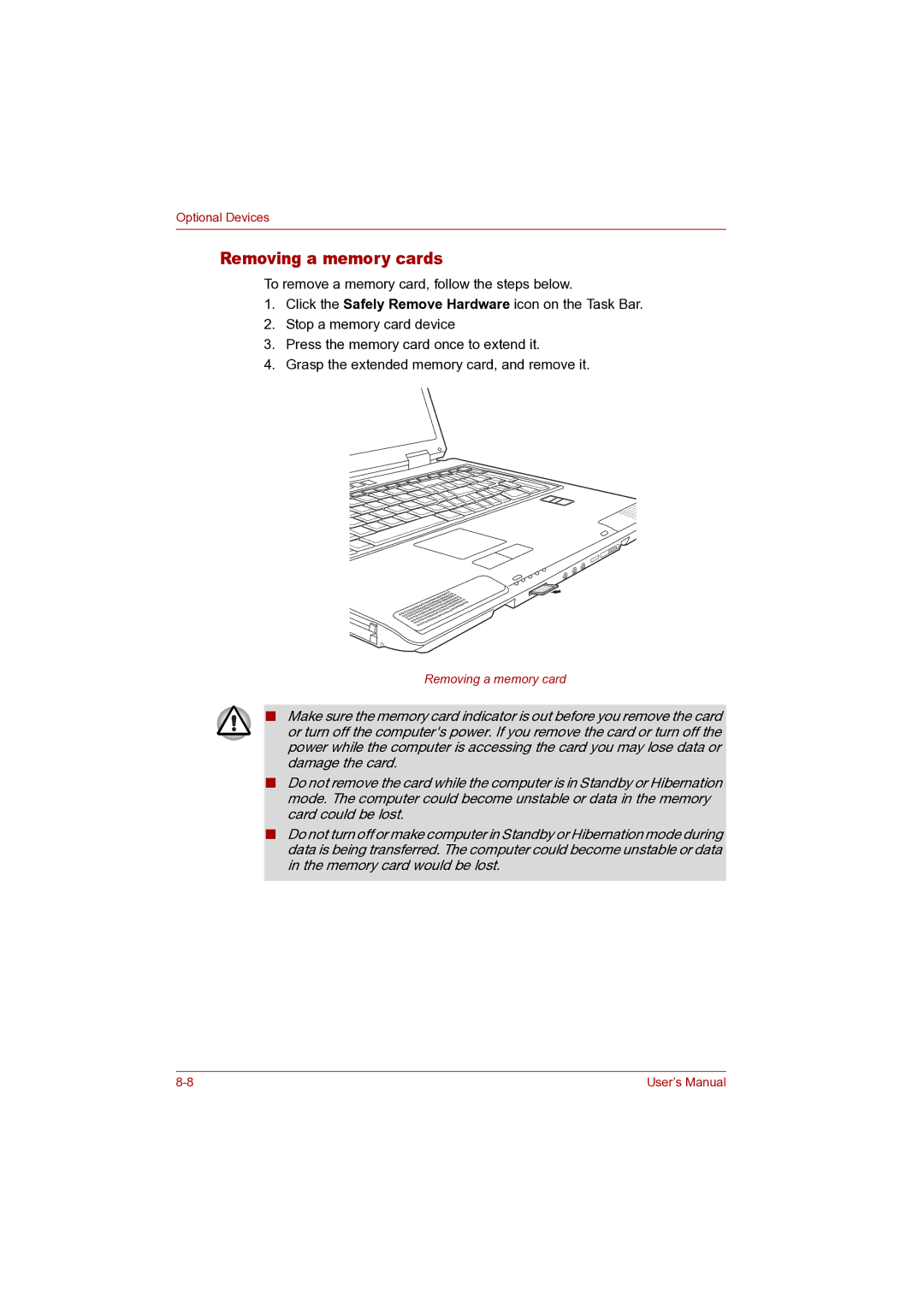 Toshiba P100 user manual Removing a memory cards 