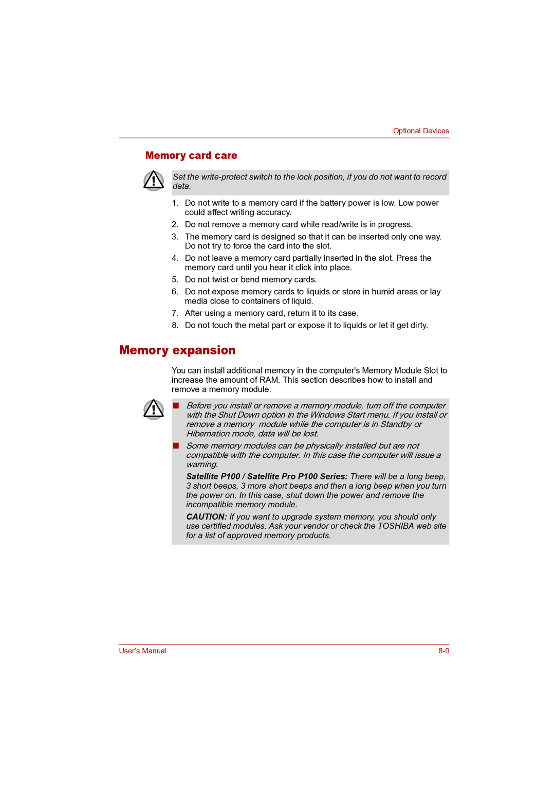 Toshiba P100 user manual Memory expansion, Memory card care 