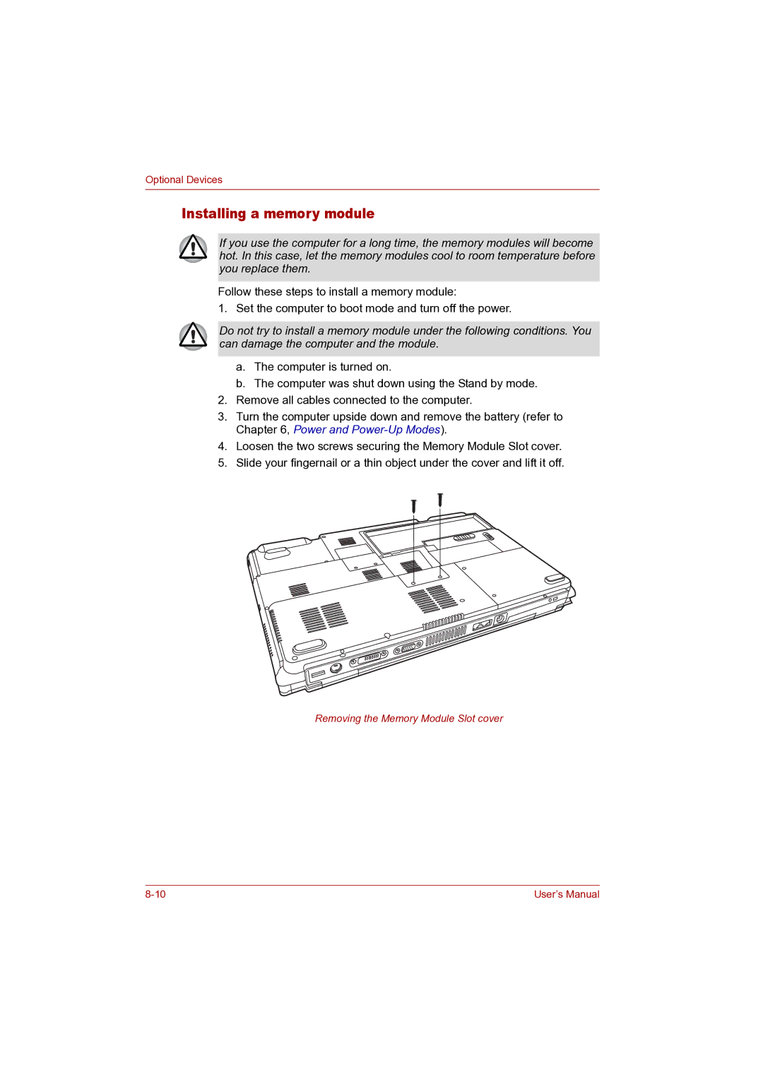 Toshiba P100 user manual Installing a memory module 