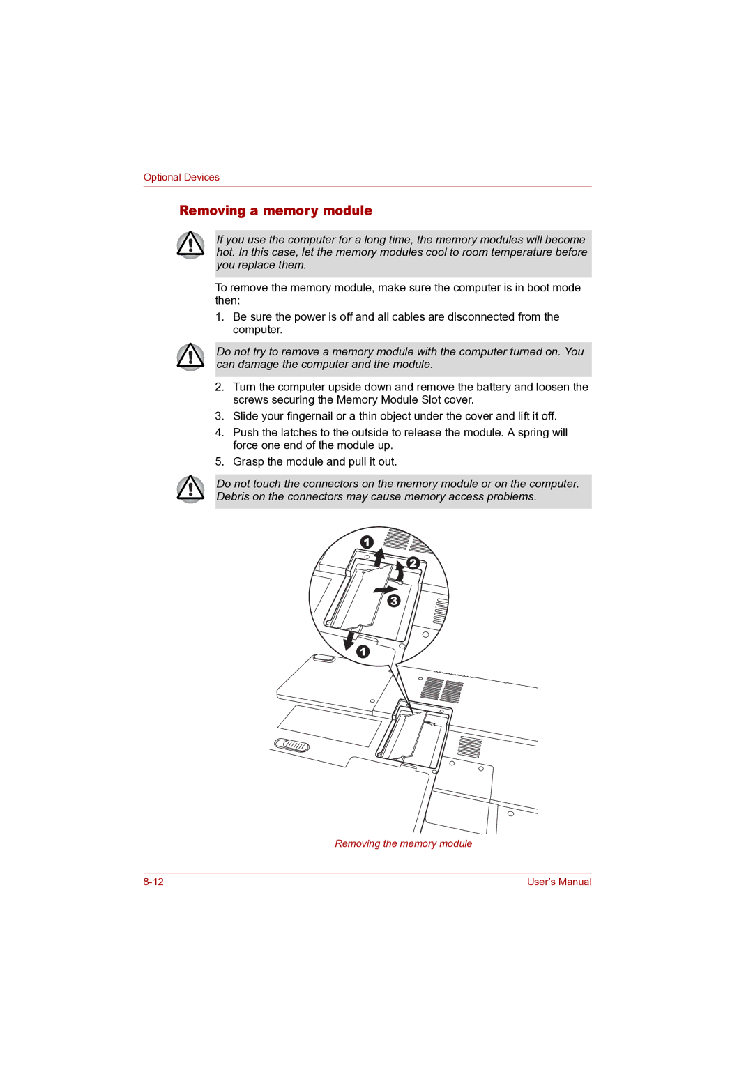 Toshiba P100 user manual Removing a memory module 