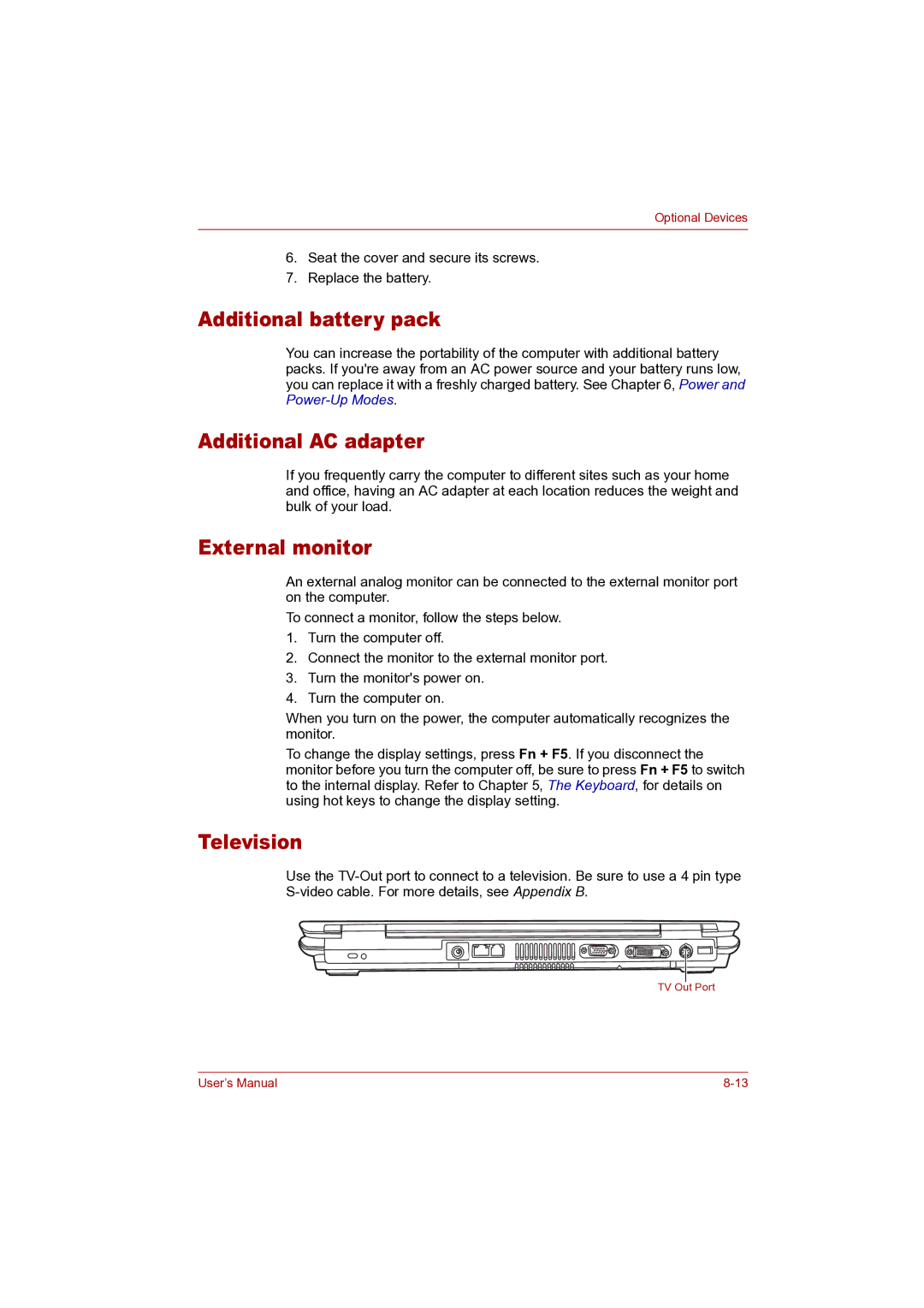 Toshiba P100 user manual Additional battery pack, Additional AC adapter, External monitor, Television 