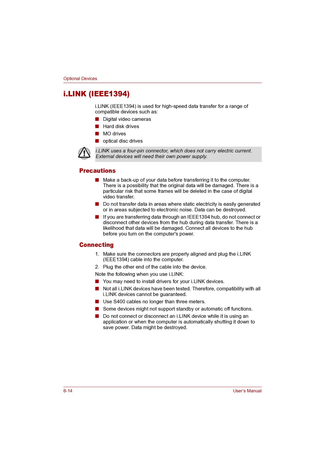 Toshiba P100 user manual Link IEEE1394, Precautions 