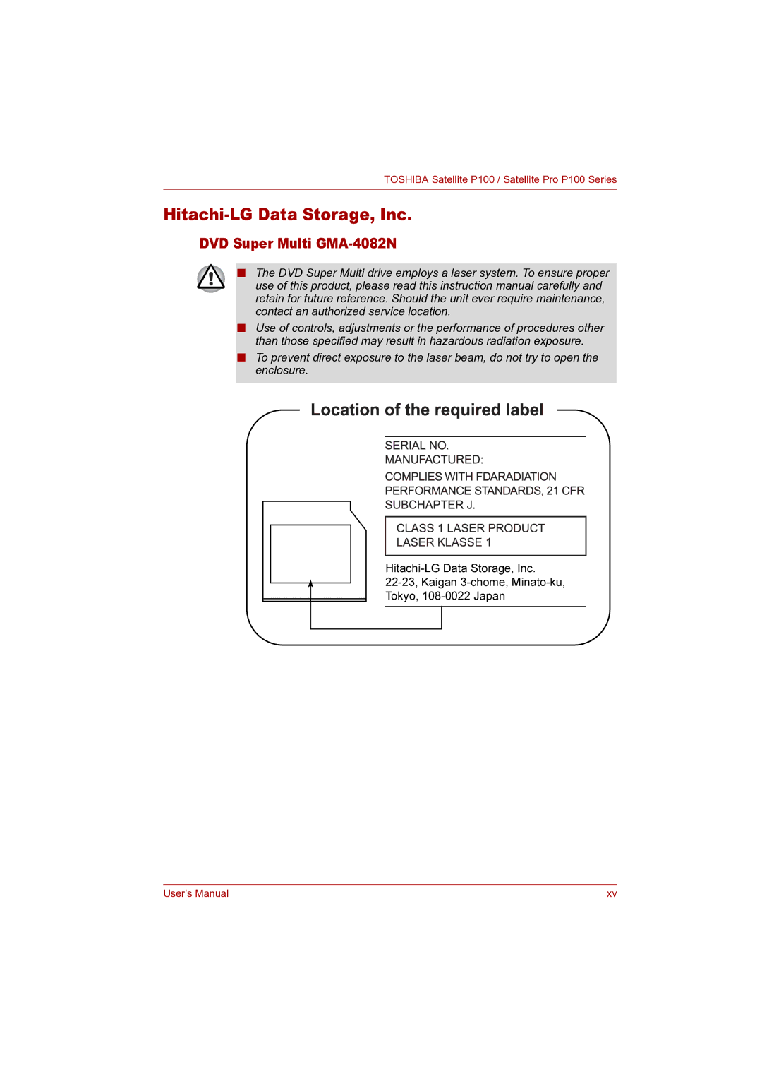 Toshiba P100 user manual Hitachi-LG Data Storage, Inc, DVD Super Multi GMA-4082N 