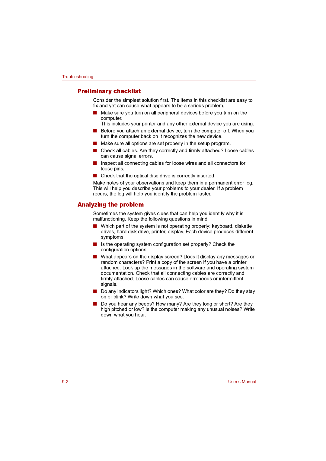 Toshiba P100 user manual Preliminary checklist, Analyzing the problem 