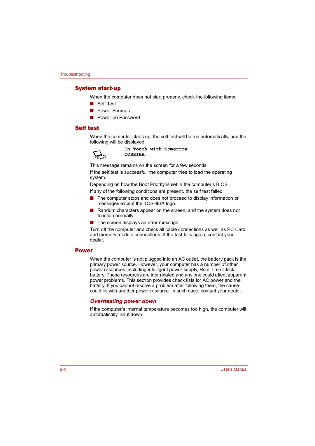 Toshiba P100 user manual System start-up, Self test, Power, Overheating power down 