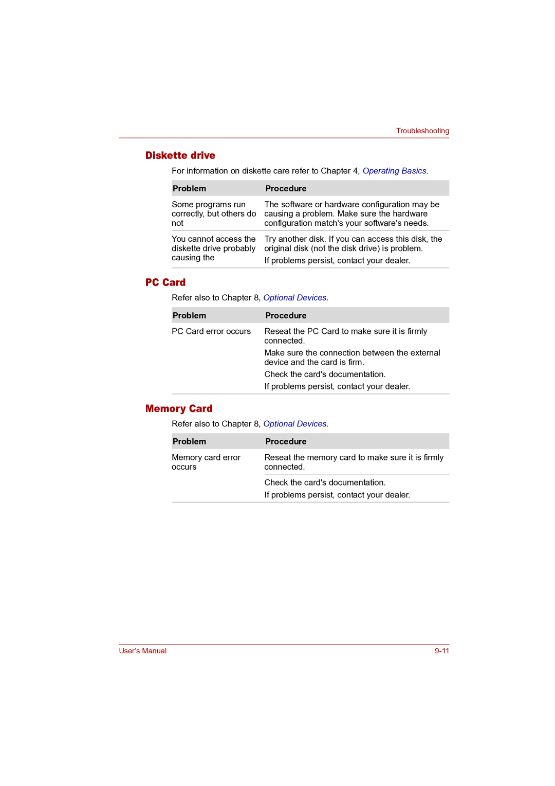 Toshiba P100 user manual Diskette drive, PC Card, Memory Card 