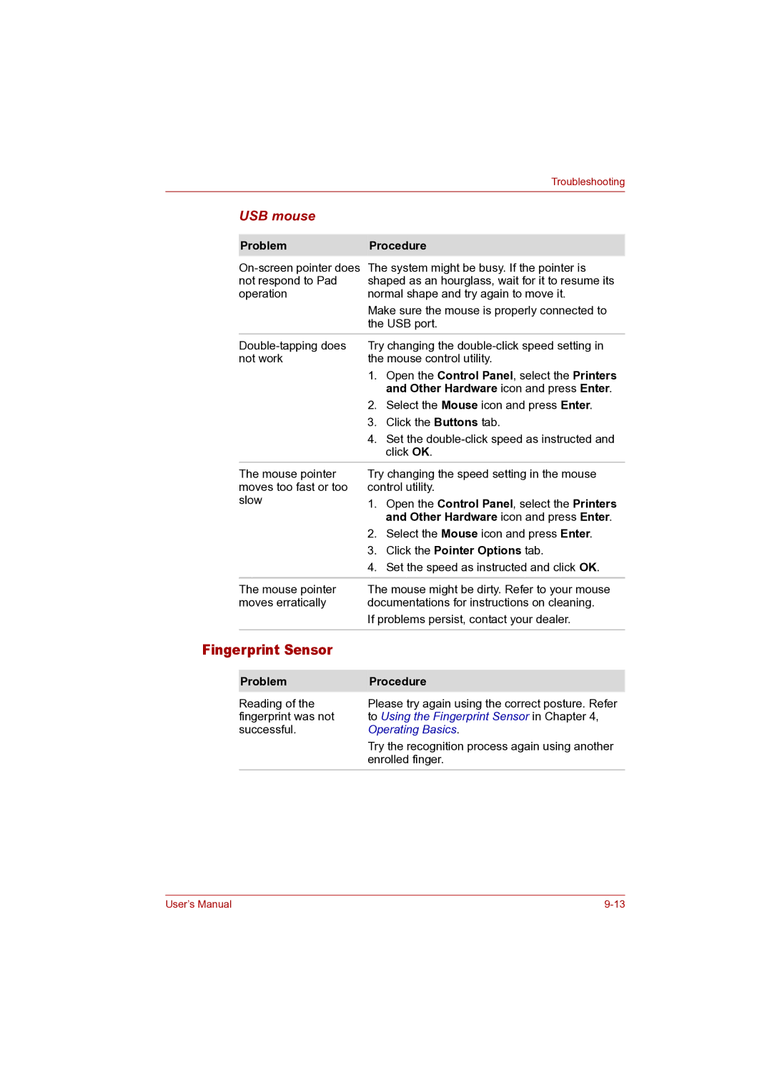 Toshiba P100 user manual Fingerprint Sensor, USB mouse 