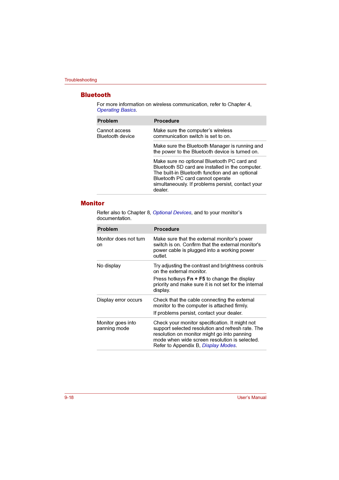 Toshiba P100 user manual Bluetooth, Monitor 