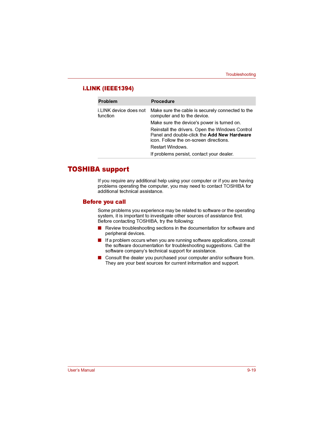 Toshiba P100 user manual Toshiba support, Link IEEE1394, Before you call 