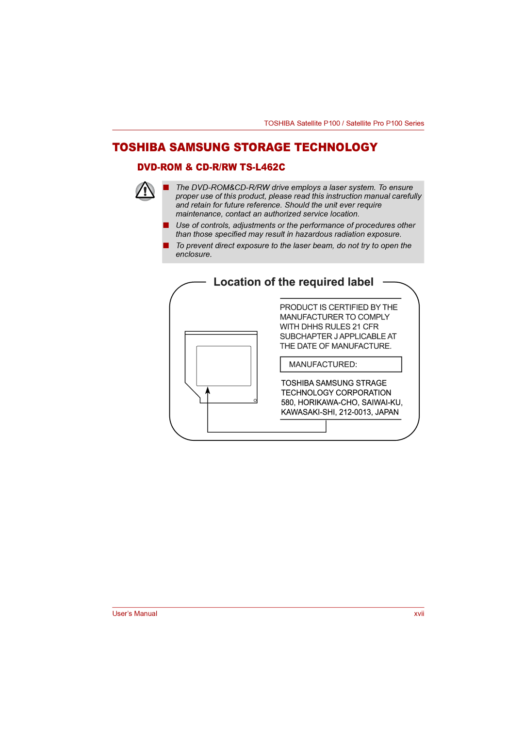 Toshiba P100 user manual Toshiba Samsung Storage Technology 