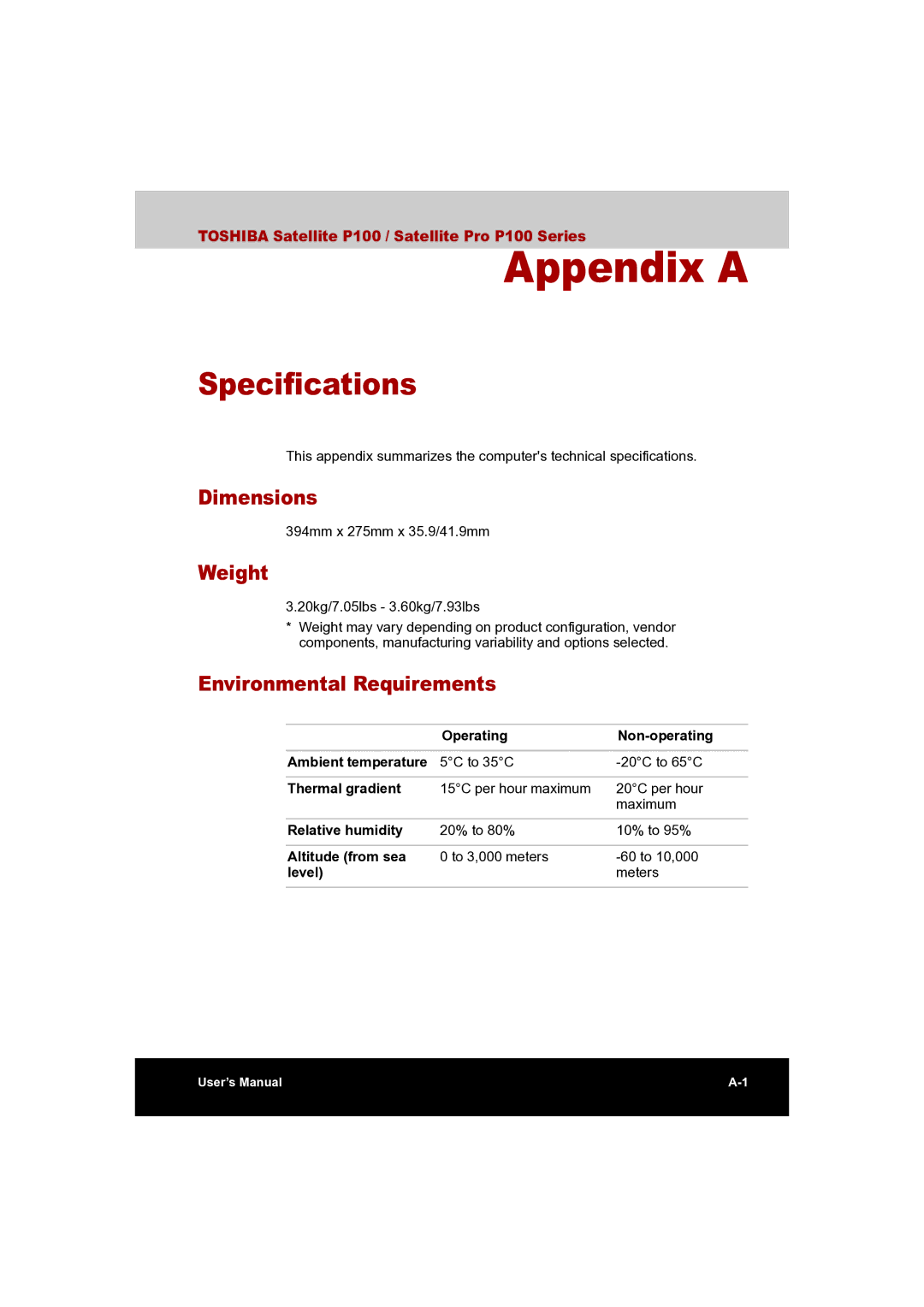 Toshiba P100 user manual Specifications, Dimensions, Weight, Environmental Requirements 