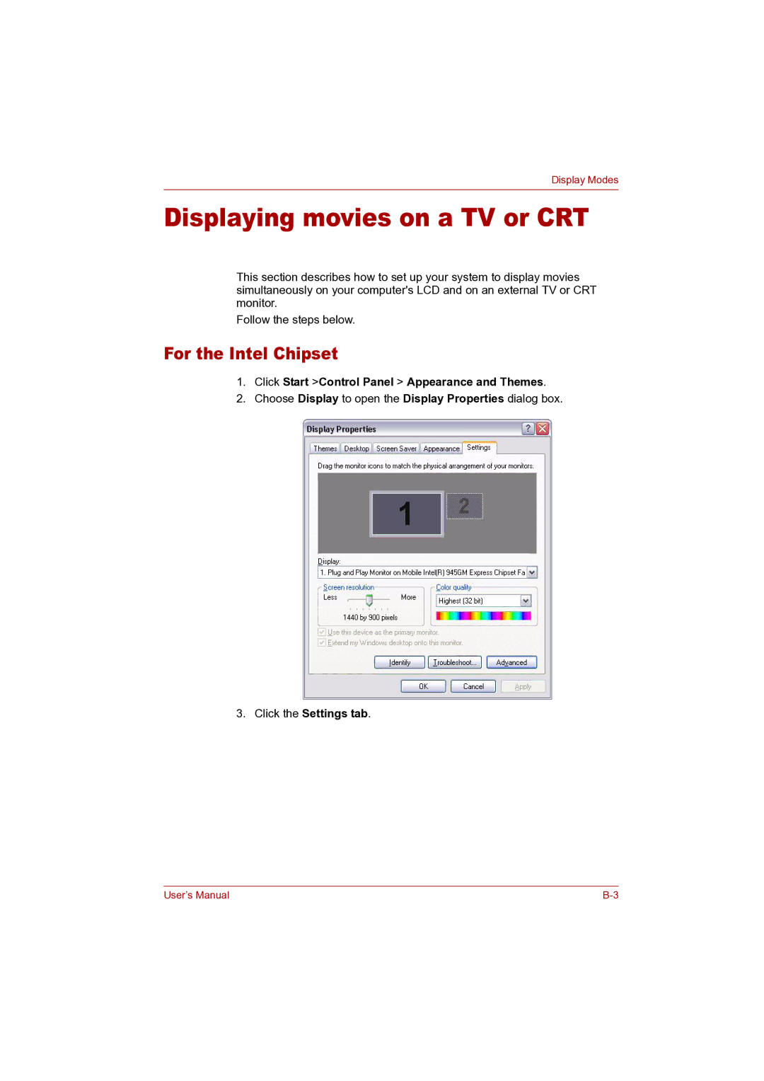 Toshiba P100 Displaying movies on a TV or CRT, For the Intel Chipset, Click Start Control Panel Appearance and Themes 